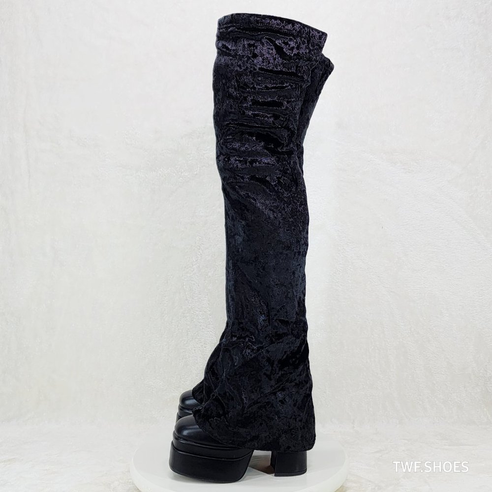 Unique Thigh High Black Velvet Fold over Skirted Chunky Heel Platform Boots - Picture 9 of 17